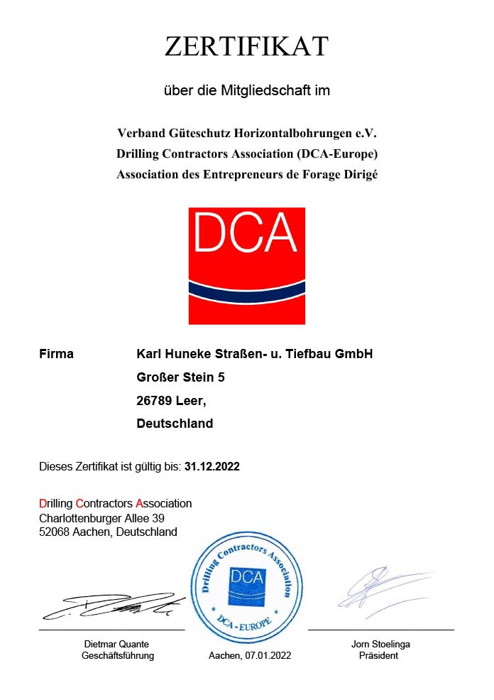 Zertifikat DCA-Europe | KARL HUNEKE Straßen- und Tiefbau GmbH